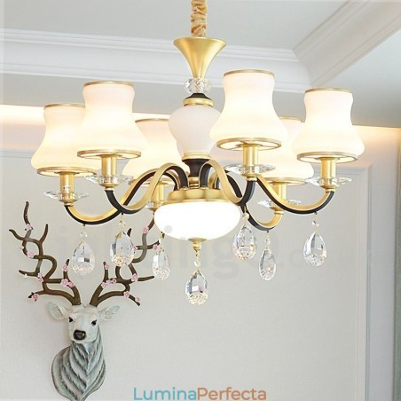 Candelabru cu pandantiv din cristal de lux, retro, rustic, cu 6 lumini, cu abajur din sticlă Candelabru cu pandantiv din cristal de lux, retro, rustic, cu 6 lumini, cu abajur din sticlă