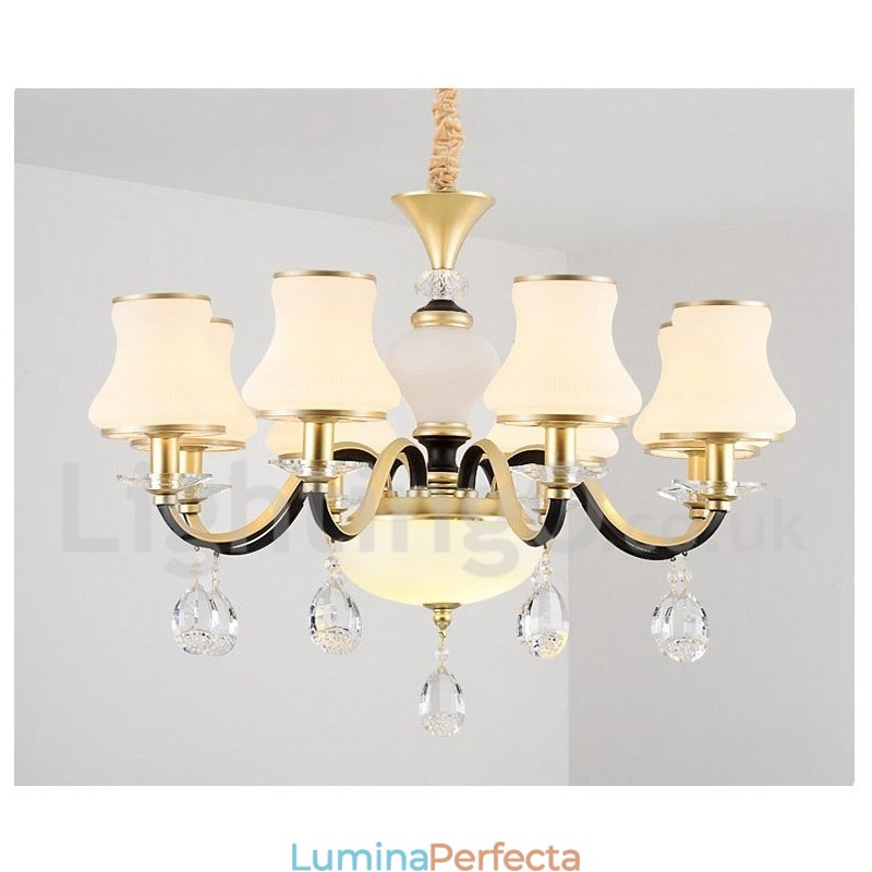 Candelabru cu pandantiv din cristal de lux, retro, rustic, cu 6 lumini, cu abajur din sticlă