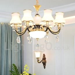 Candelabru cu pandantiv din cristal de lux, retro, rustic, cu 8 lumini, cu abajur din sticlă