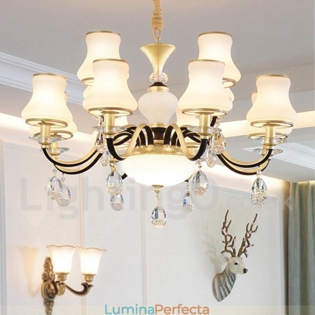 Candelabru cu pandantiv din cristal, retro, rustic, de lux, cu 12 lumini, cu abajur din sticlă Candelabru cu pandantiv din cristal, retro, rustic, de lux, cu 12 lumini, cu abajur din sticlă