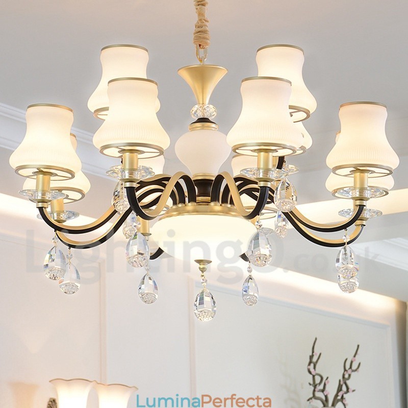 Candelabru cu pandantiv din cristal, retro, rustic, de lux, cu 12 lumini, cu abajur din sticlă