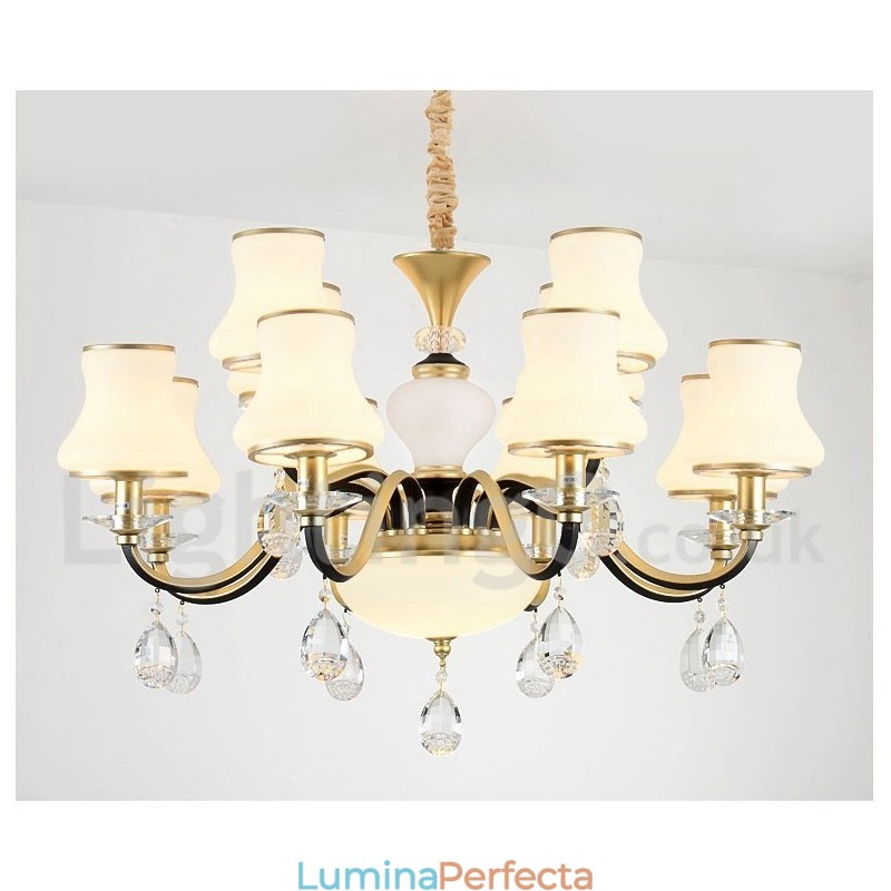 Candelabru cu pandantiv din cristal, retro, rustic, de lux, cu 12 lumini, cu abajur din sticlă