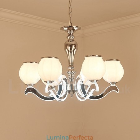 Candelabru cu suspendare de lux, modern, contemporan, cu 6 lumini, cu abajur din sticla