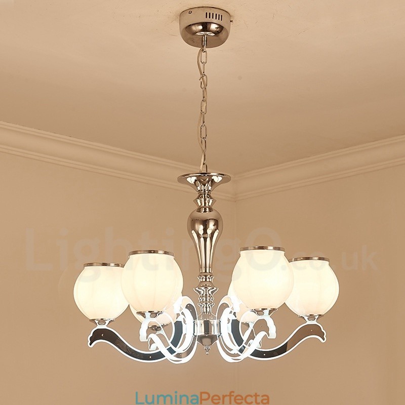 Candelabru cu suspendare de lux, modern, contemporan, cu 6 lumini, cu abajur din sticla