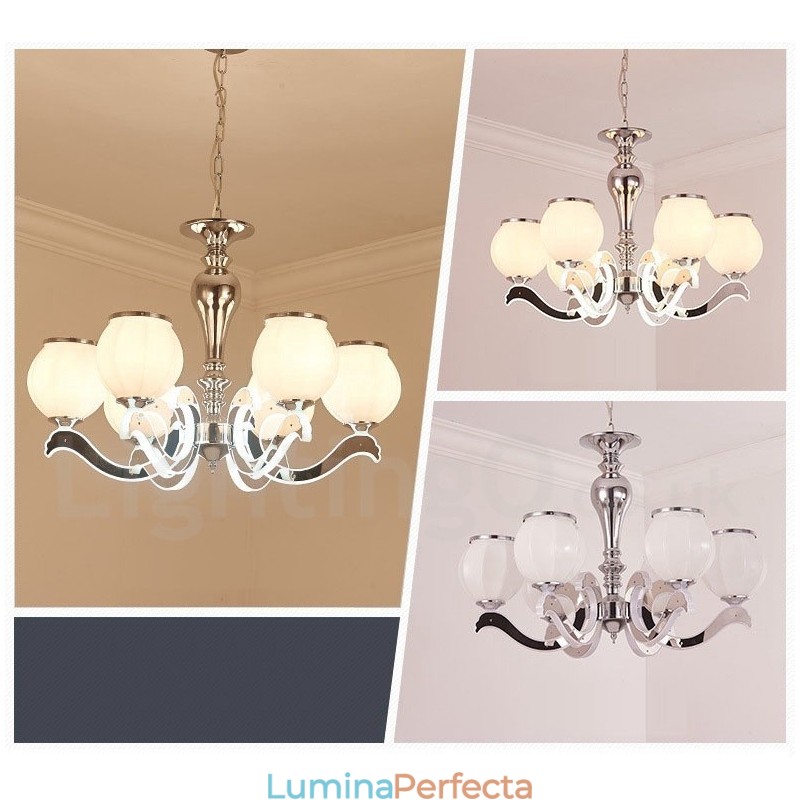 Candelabru cu suspendare de lux, modern, contemporan, cu 6 lumini, cu abajur din sticla