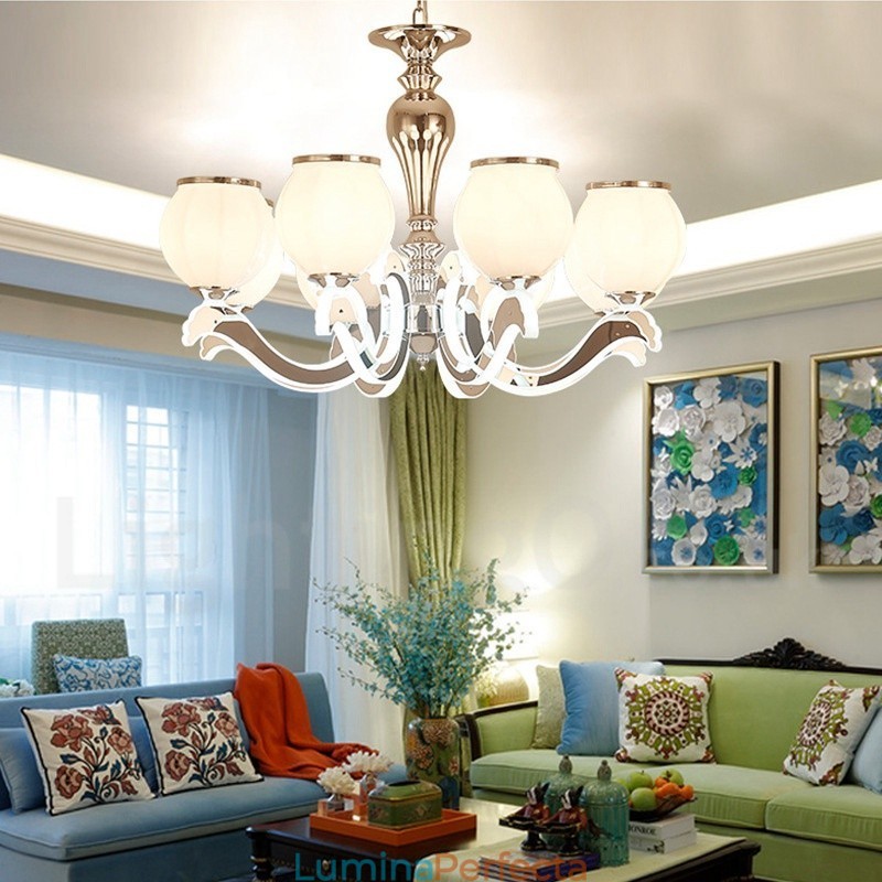 Candelabru cu pandantiv de lux, modern, contemporan, cu 8 lumini, cu abajur din sticlă