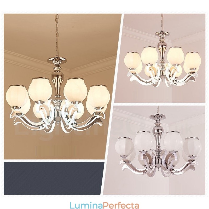 Candelabru cu pandantiv de lux, modern, contemporan, cu 8 lumini, cu abajur din sticlă