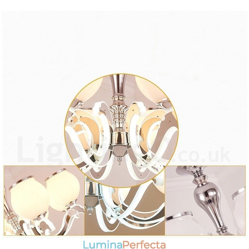 Candelabru cu pandantiv de lux, modern, contemporan, cu 8 lumini, cu abajur din sticlă