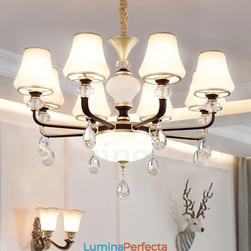 Candelabru modern, contemporan, retro, de lux, din cristal, cu abajur din sticlă