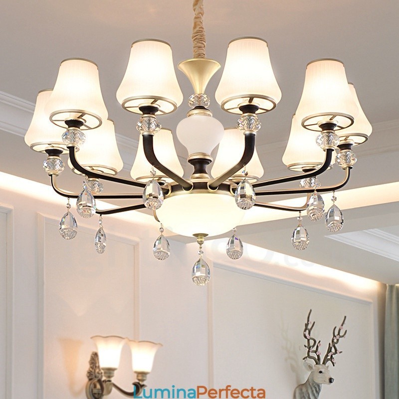 Candelabru modern, contemporan, retro, de lux, din cristal, cu abajur din sticlă