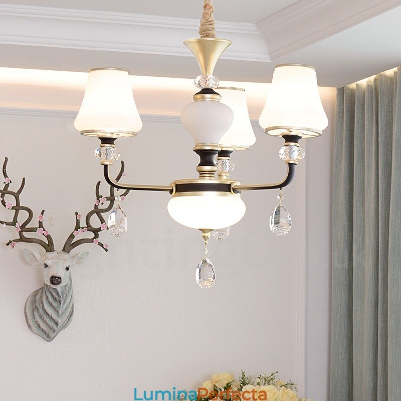 Candelabru modern, contemporan, retro, de lux, din cristal, cu abajur din sticlă