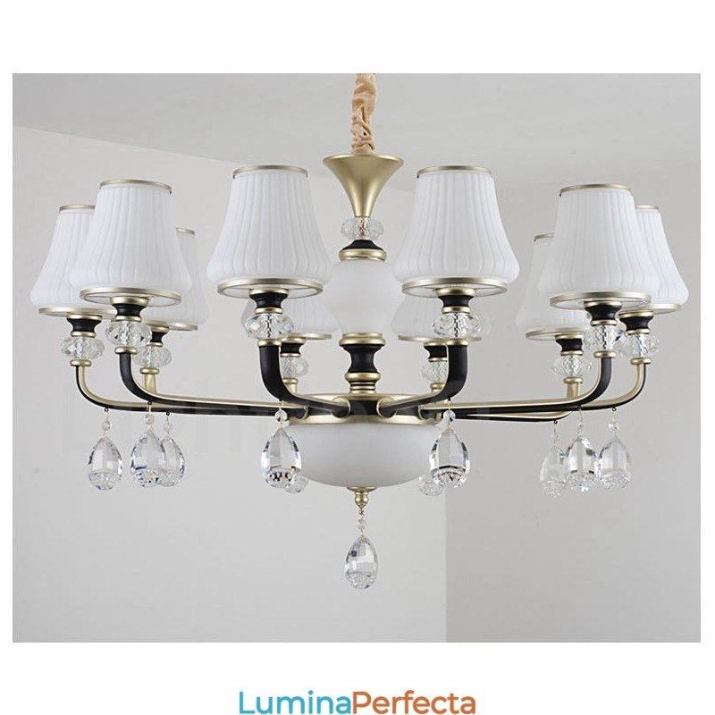 Candelabru modern, contemporan, retro, de lux, din cristal, cu abajur din sticlă
