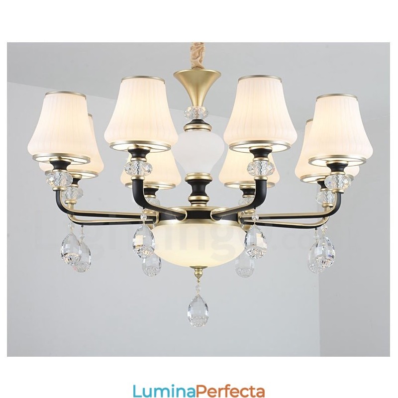 Candelabru modern, contemporan, retro, de lux, din cristal, cu abajur din sticlă