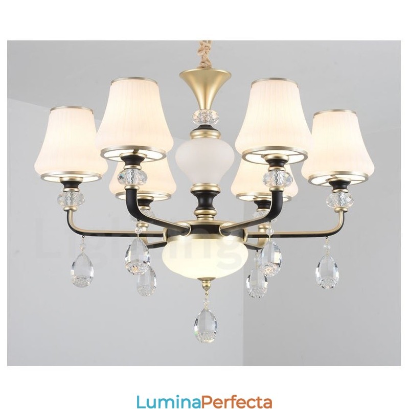 Candelabru modern, contemporan, retro, de lux, din cristal, cu abajur din sticlă