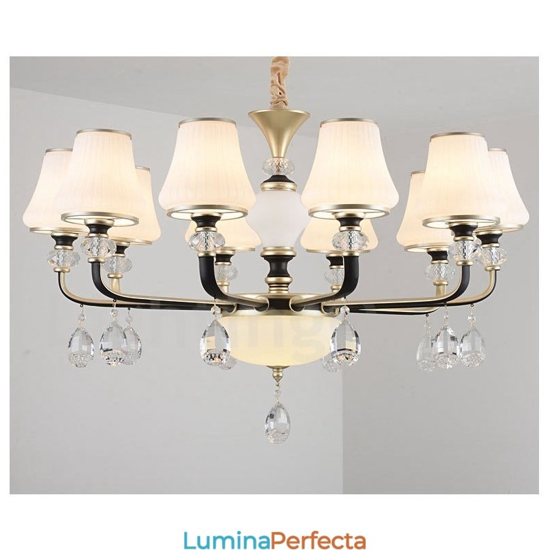 Candelabru modern, contemporan, retro, de lux, din cristal, cu abajur din sticlă