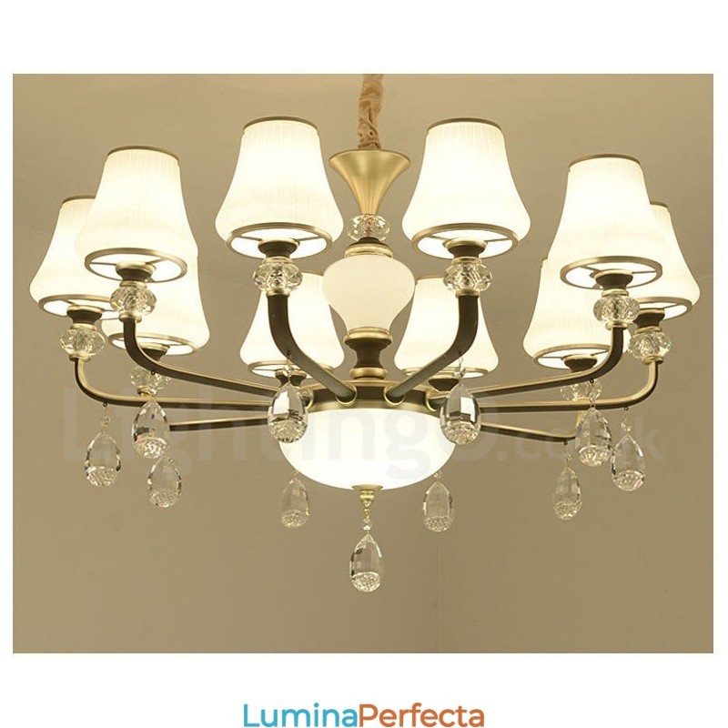 Candelabru modern, contemporan, retro, de lux, din cristal, cu abajur din sticlă