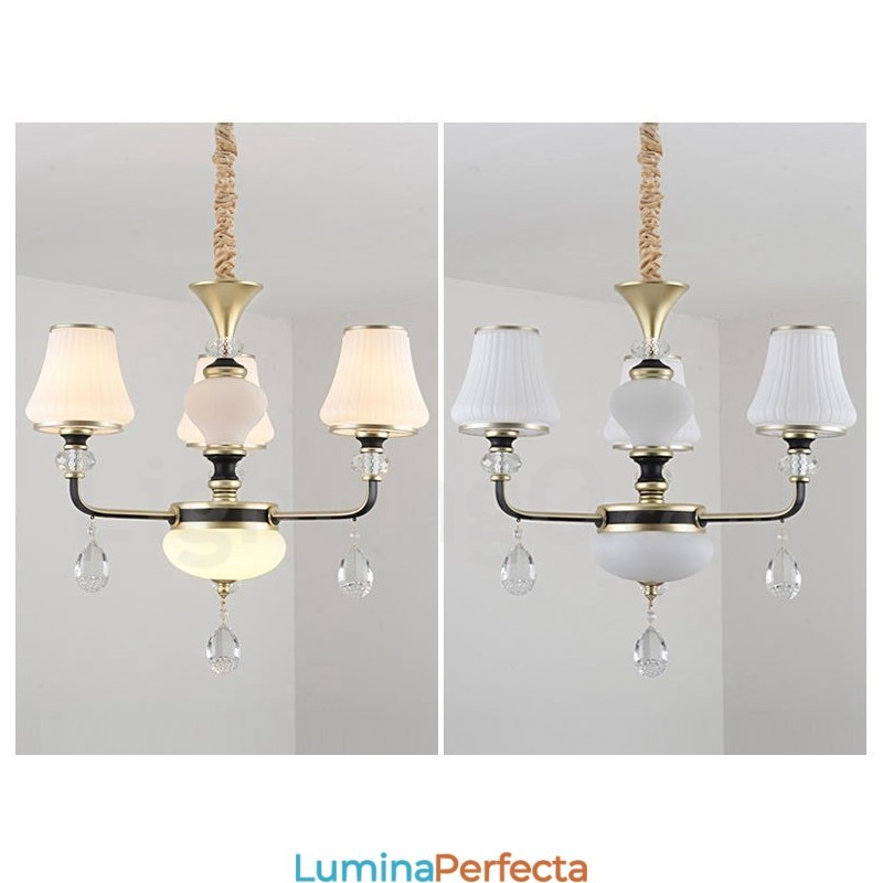 Candelabru modern, contemporan, retro, de lux, din cristal, cu abajur din sticlă