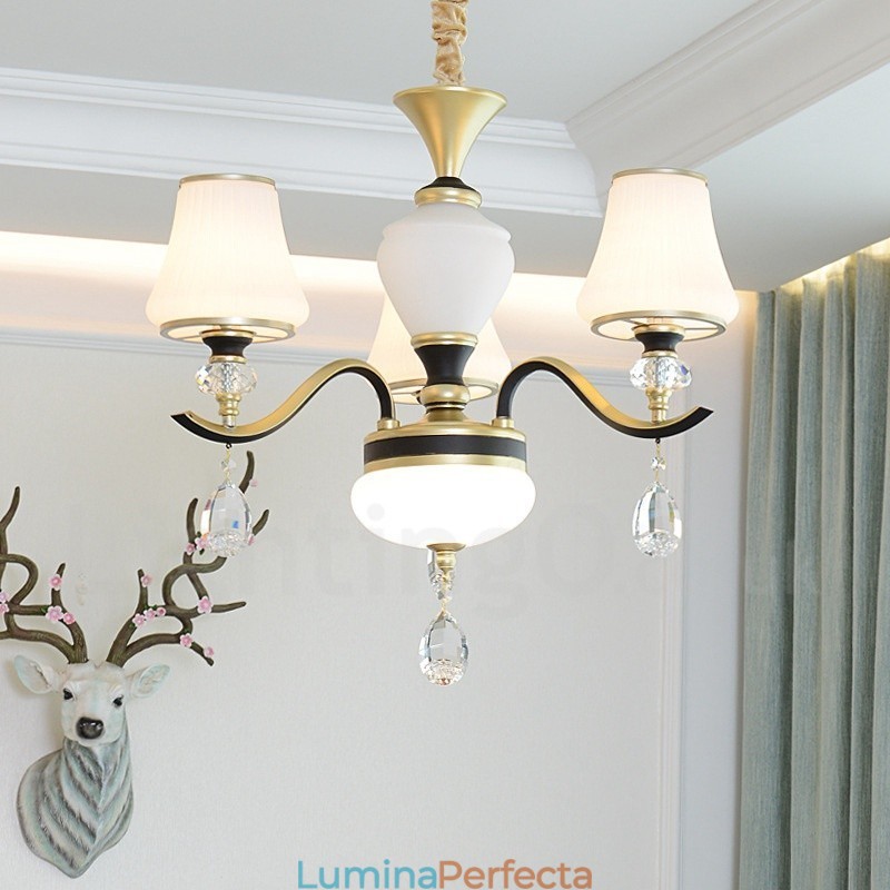 Candelabru modern, contemporan, retro, de lux, din cristal, cu abajur din sticlă