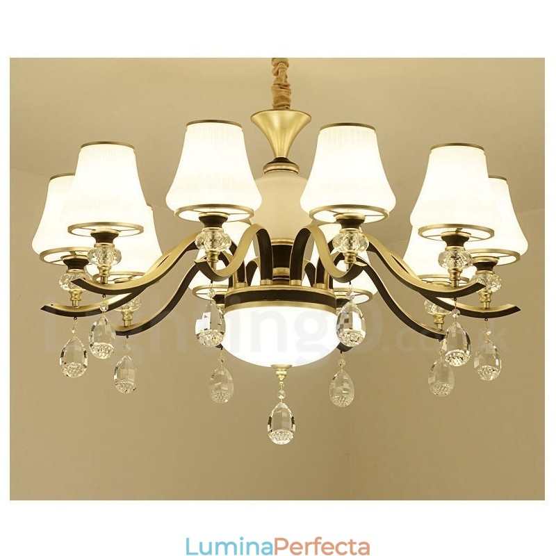 Candelabru modern, contemporan, retro, de lux, din cristal, cu abajur din sticlă