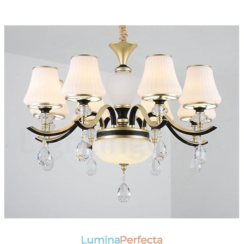 Candelabru modern, contemporan, retro, de lux, din cristal, cu abajur din sticlă