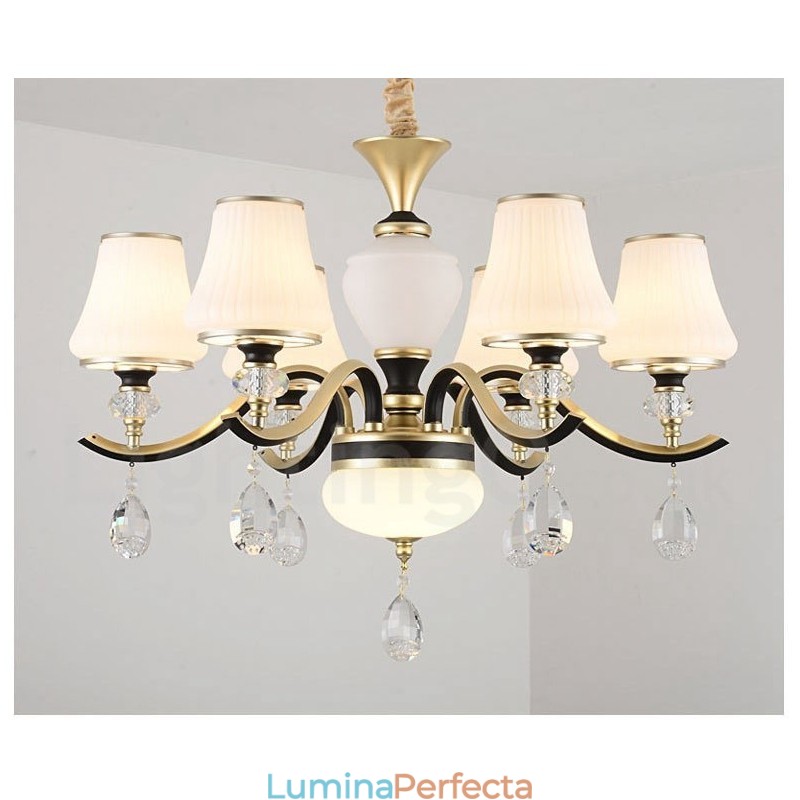 Candelabru modern, contemporan, retro, de lux, din cristal, cu abajur din sticlă