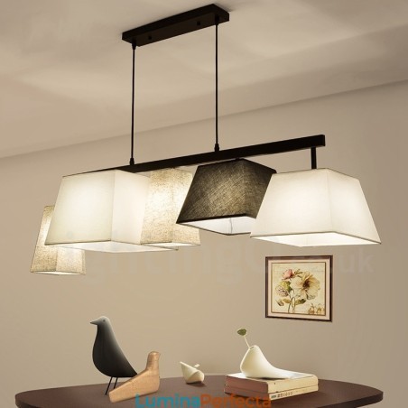 Lampă suspendată modernă din oțel, cu 5 lumini și abajur din material textil Lampă suspendată modernă din oțel, cu 5 lumini și abajur din material textil