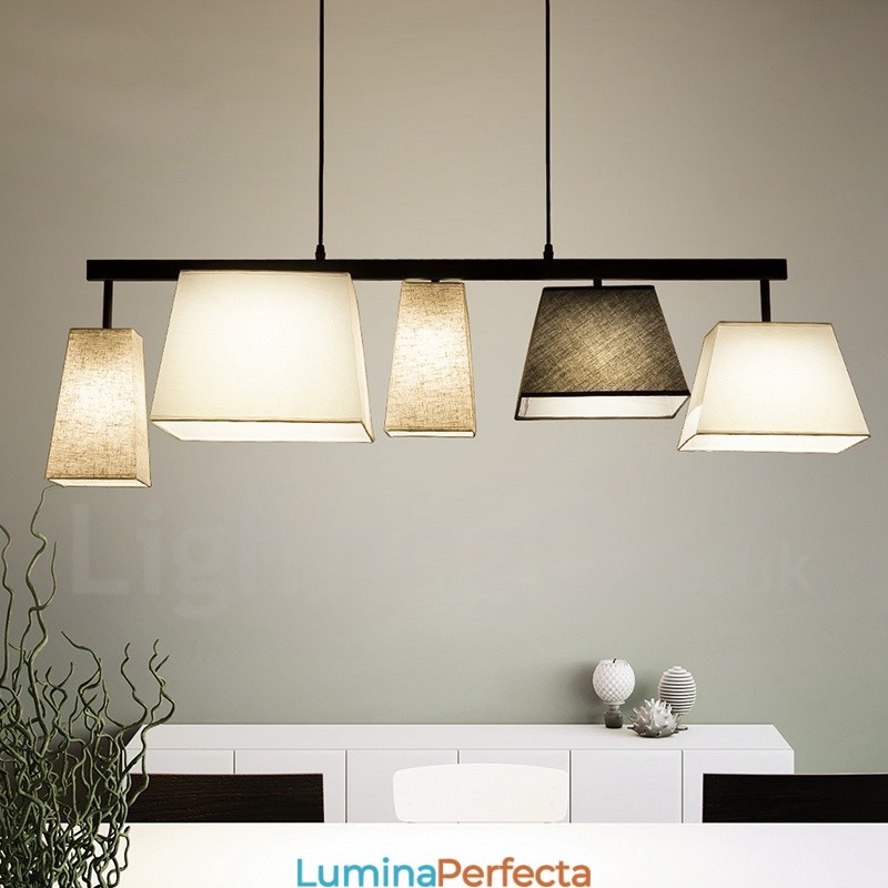 Lampă suspendată modernă din oțel, cu 5 lumini și abajur din material textil