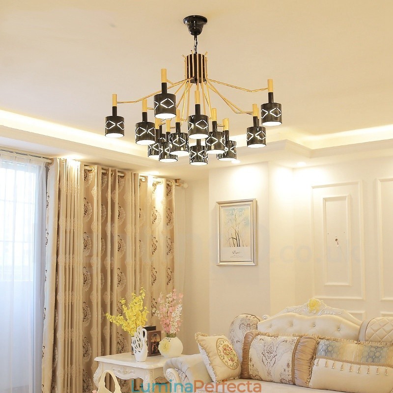 Candelabru modern contemporan din oțel cu 15 lumini și abajur din oțel