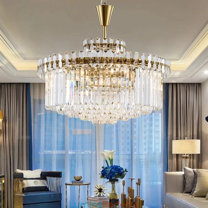 Lampă suspendată din oțel, modernă și contemporană, cu 9 lumini și abajur de cristal