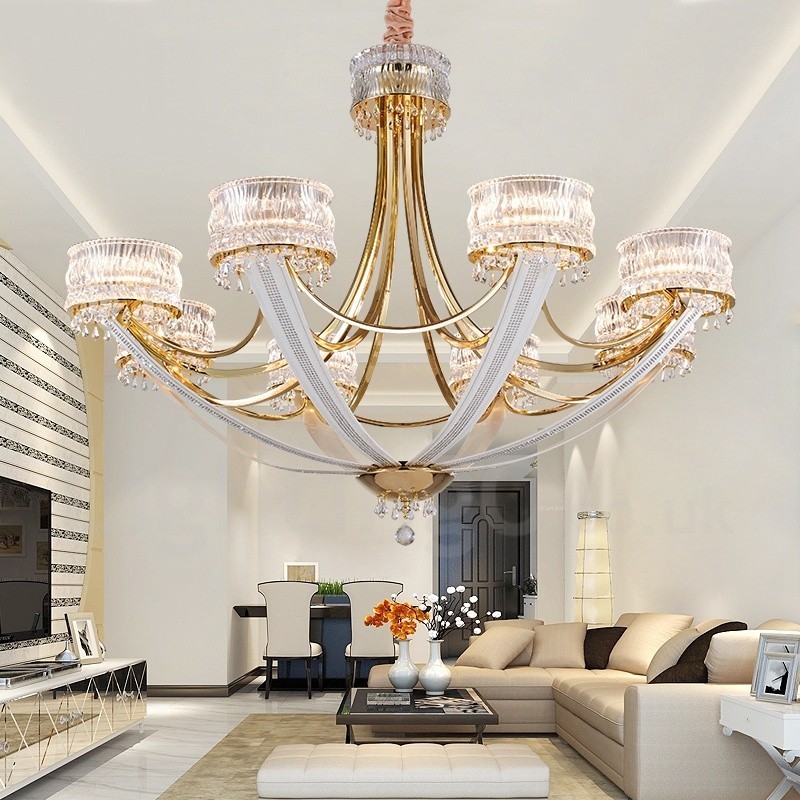 Candelabru modern contemporan din oțel cu 8 lumini și abajur de cristal