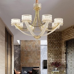 Candelabru modern contemporan din oțel cu 8 lumini și abajur de cristal