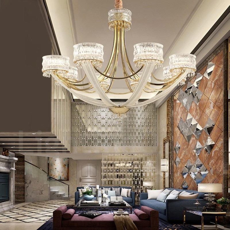 Candelabru modern contemporan din oțel cu 8 lumini și abajur de cristal