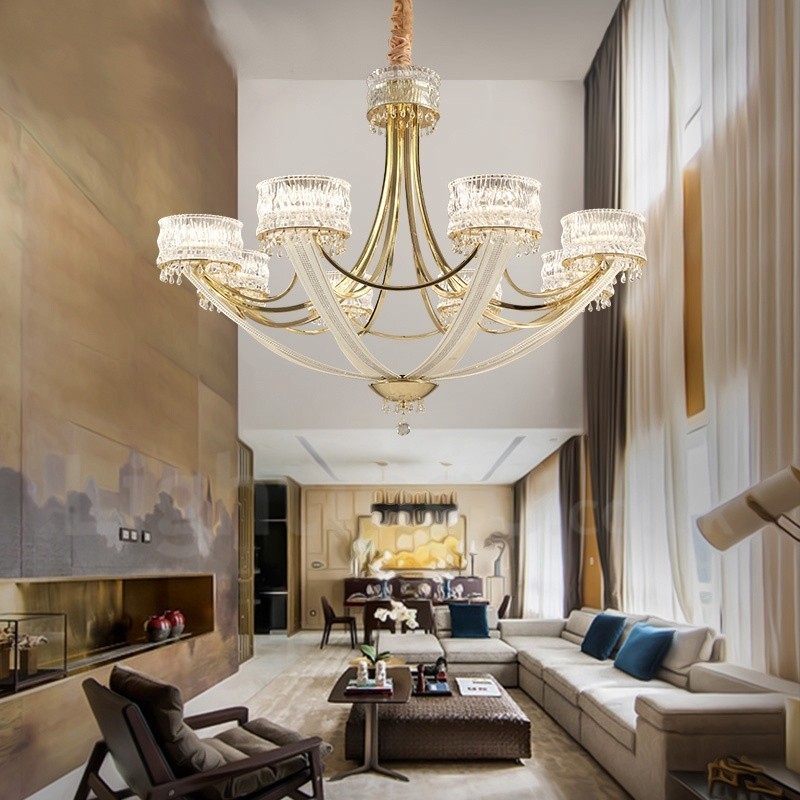 Candelabru modern contemporan din oțel cu 8 lumini și abajur de cristal