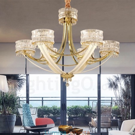 Candelabru modern contemporan din oțel cu 6 lumini și abajur de cristal