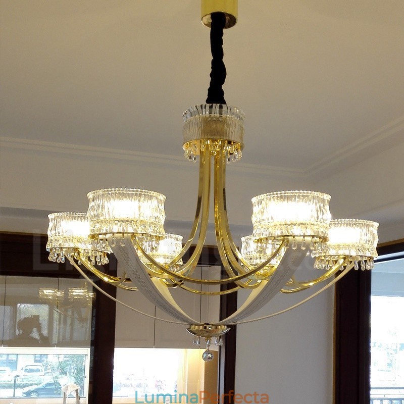 Candelabru modern contemporan din oțel cu 6 lumini și abajur de cristal