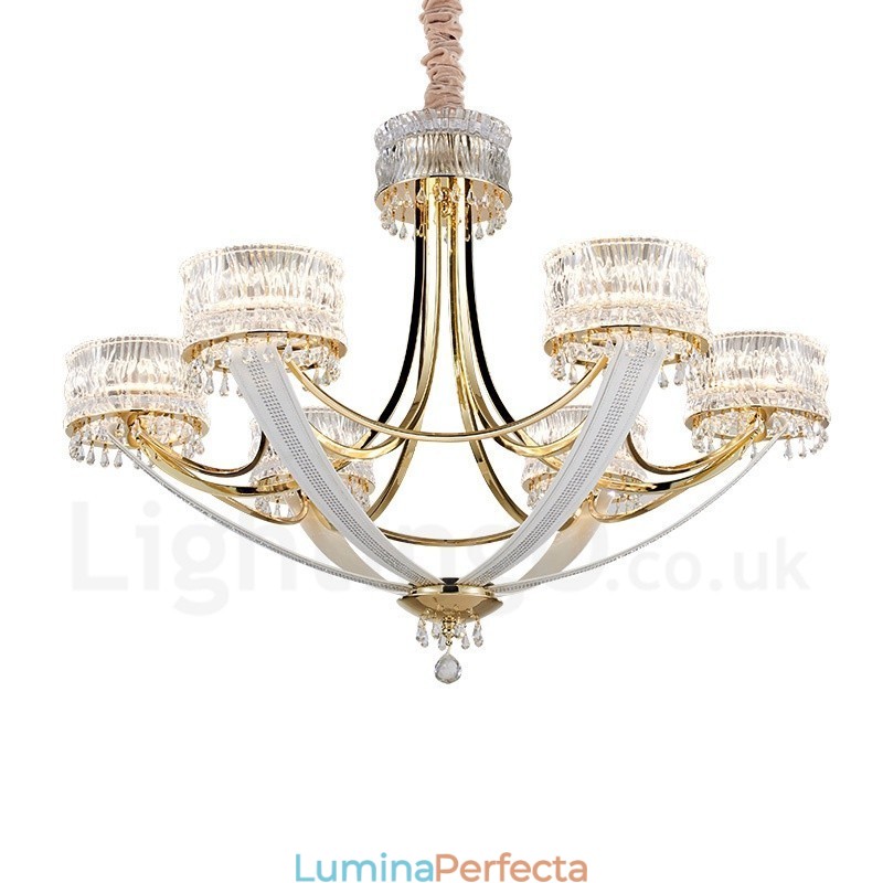 Candelabru modern contemporan din oțel cu 6 lumini și abajur de cristal