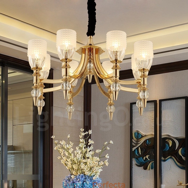 Candelabru din oțel mediteranean cu 8 lumini și abajur din sticlă