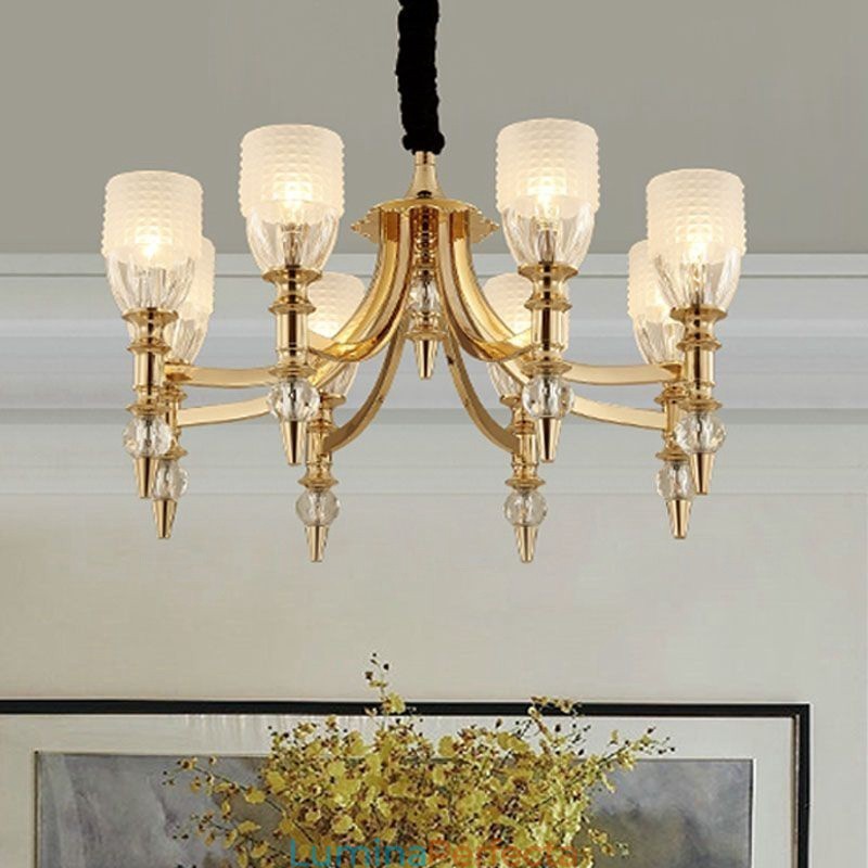 Candelabru din oțel mediteranean cu 8 lumini și abajur din sticlă