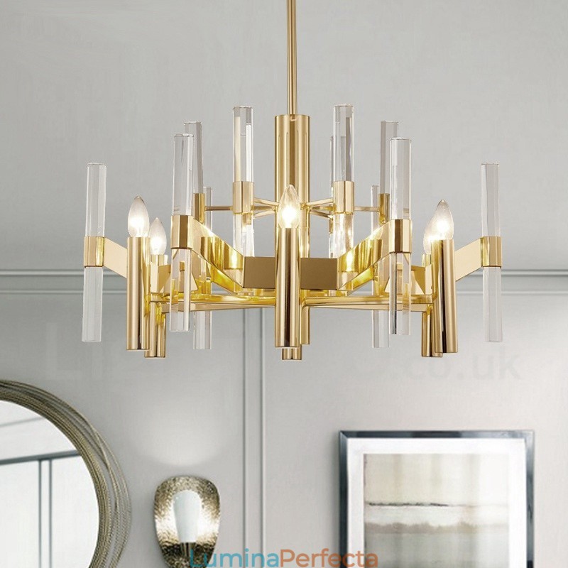 Candelabru modern contemporan din metal cu 8 lumini cu abajur de cristal