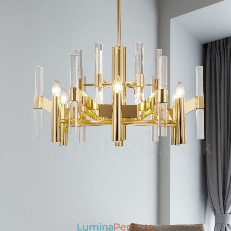 Candelabru modern contemporan din metal cu 8 lumini cu abajur de cristal