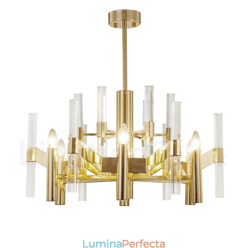Candelabru modern contemporan din metal cu 8 lumini cu abajur de cristal
