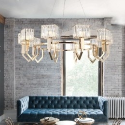 Lampă suspendată din oțel, modernă și contemporană, cu 10 lumini, cu abajur de cristal