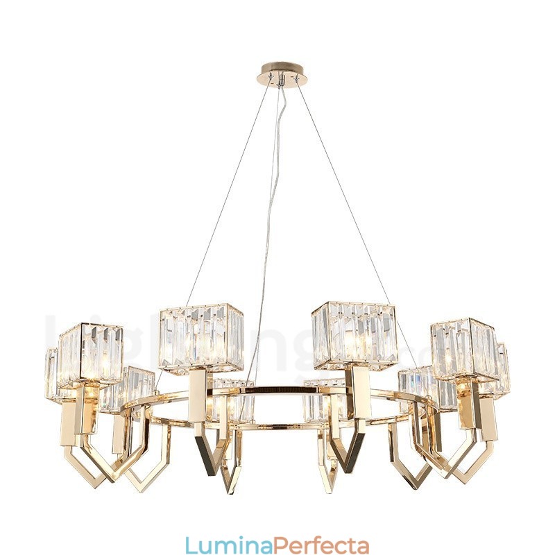 Lampă suspendată din oțel, modernă și contemporană, cu 10 lumini, cu abajur de cristal