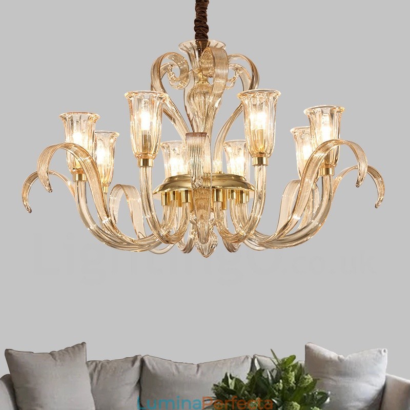 Candelabru din sticlă modern și contemporan cu 8 lumini și abajur din sticlă
