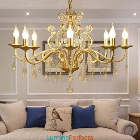 Candelabru din oțel din cristal Rustic Lodge cu 8 lumini și abajur din material textil Candelabru din oțel din cristal Rustic Lodge cu 8 lumini și abajur din material textil