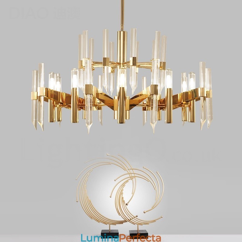 Candelabru modern, contemporan, din aliaj de aluminiu, cu 18 lumini, cu abajur de cristal