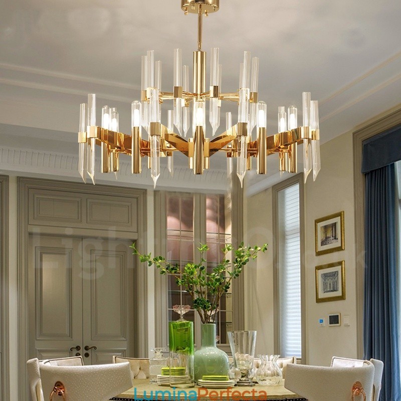 Candelabru modern, contemporan, din aliaj de aluminiu, cu 18 lumini, cu abajur de cristal