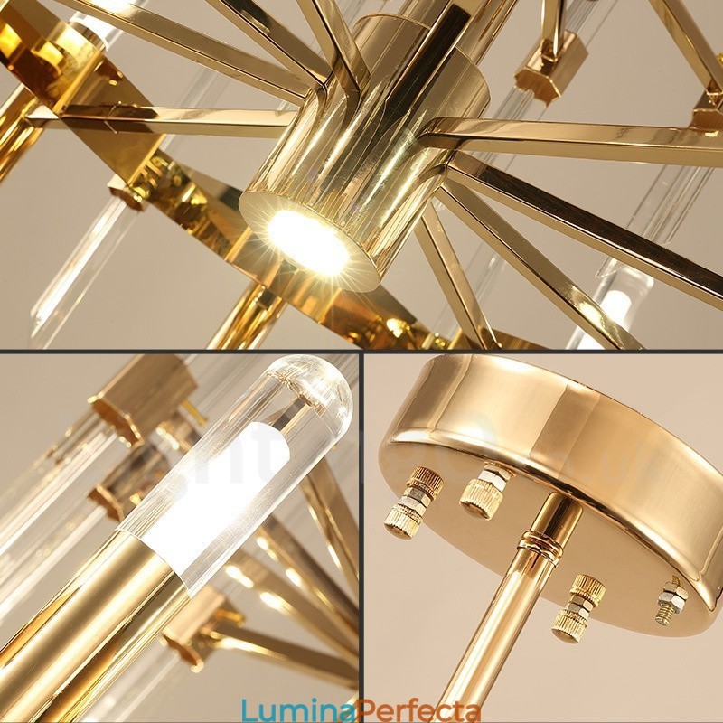 Candelabru modern, contemporan, din aliaj de aluminiu, cu 18 lumini, cu abajur de cristal
