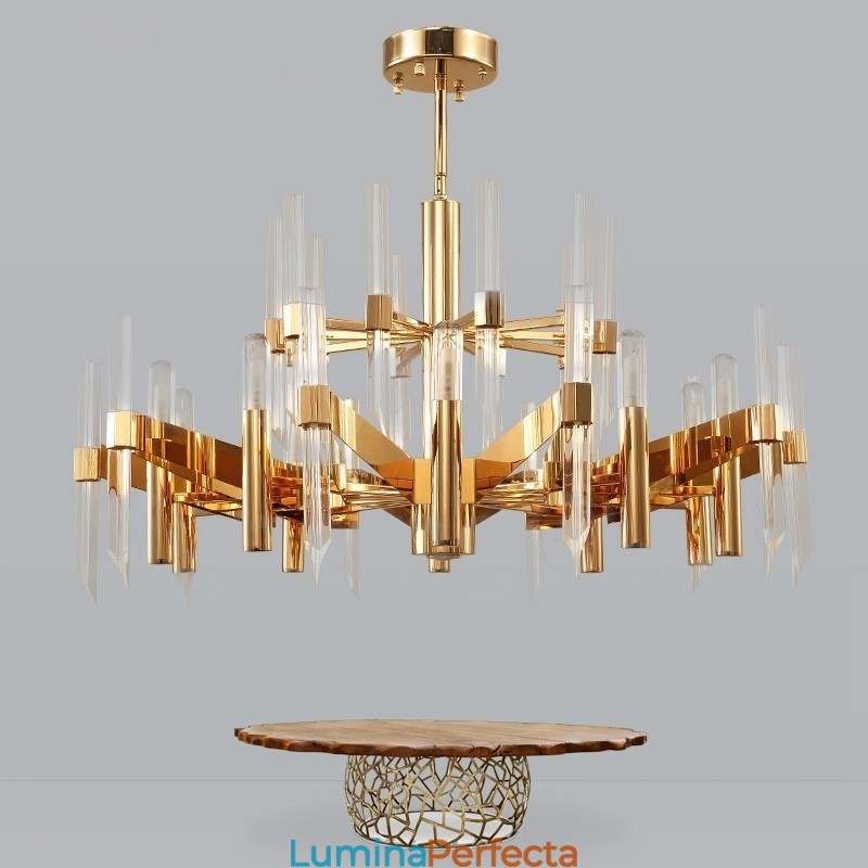 Candelabru modern, contemporan, din aliaj de aluminiu, cu 18 lumini, cu abajur de cristal