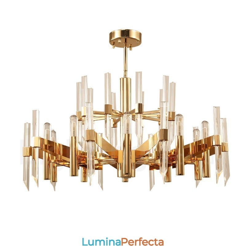 Candelabru modern, contemporan, din aliaj de aluminiu, cu 18 lumini, cu abajur de cristal